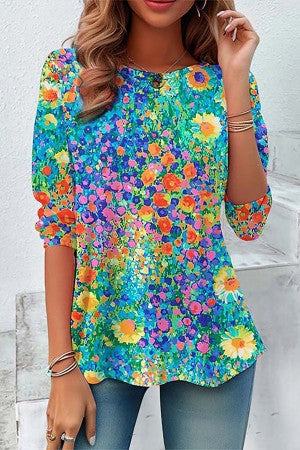 Printed Crew Neck 3/4 Sleeve Relaxed Fit Blouse