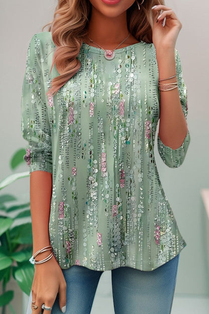 Printed Crew Neck 3/4 Sleeve Relaxed Fit Blouse