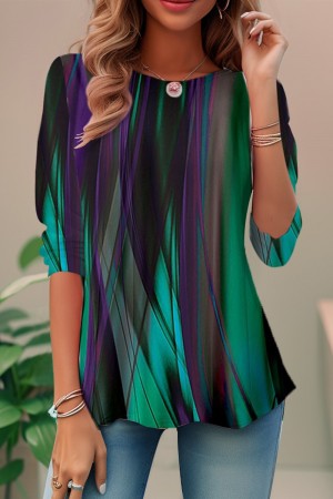 Printed Crew Neck 3/4 Sleeve Relaxed Fit Blouse