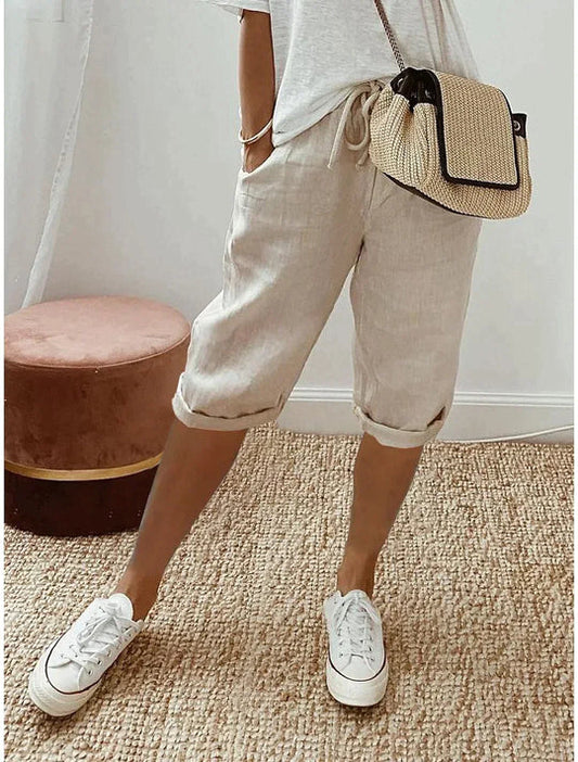 Niki | Women's Cropped Linen Drawstring Pants - Relaxed Fit