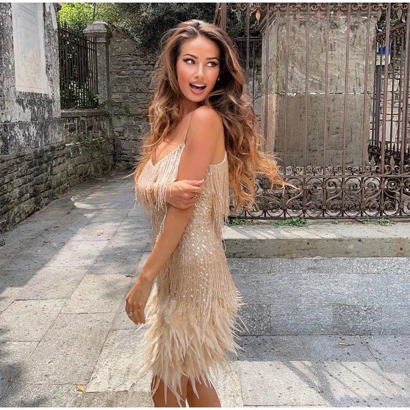Feather Trimmed Statement Mini Dress