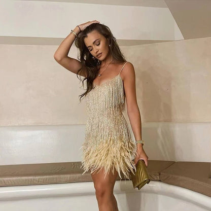 Feather Trimmed Statement Mini Dress