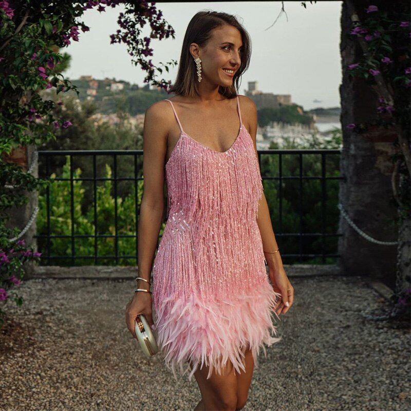Feather Trimmed Statement Mini Dress