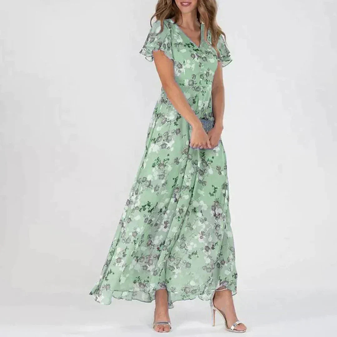 Women's Maxi Dress with Floral Print and Flutter Sleeves