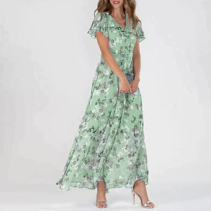 Women's Maxi Dress with Floral Print and Flutter Sleeves