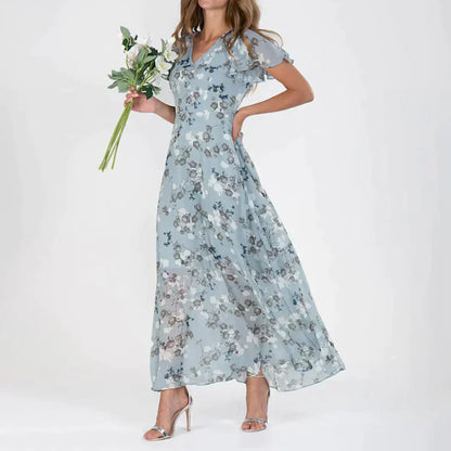 Women's Maxi Dress with Floral Print and Flutter Sleeves