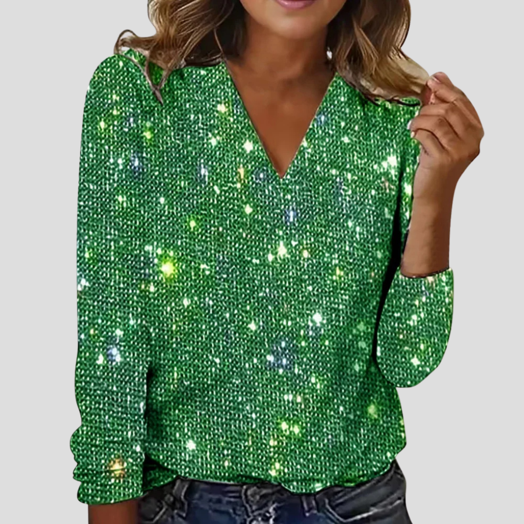 Women's Glitter V-Neck Long Sleeve Top