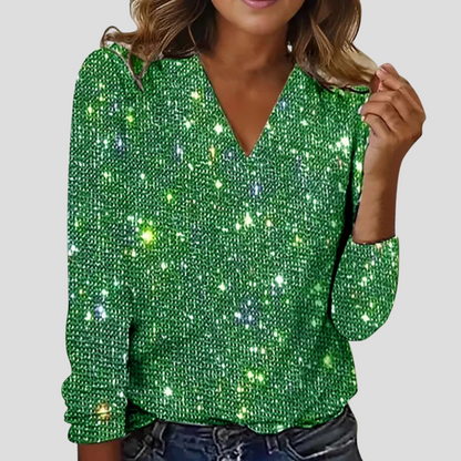 Women's Glitter V-Neck Long Sleeve Top