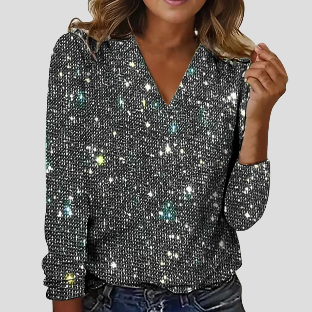 Women's Glitter V-Neck Long Sleeve Top