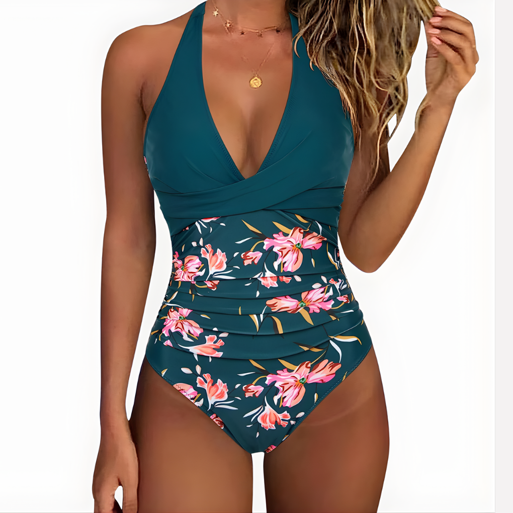 Women's Ruched Torso Halter Neck One-Piece Swimsuit