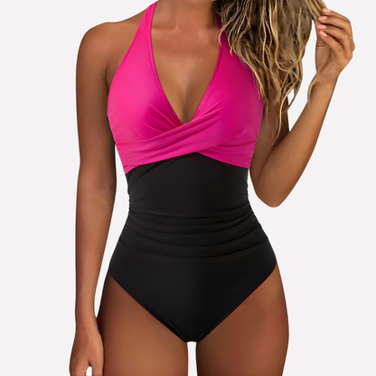 Women's Ruched Torso Halter Neck One-Piece Swimsuit