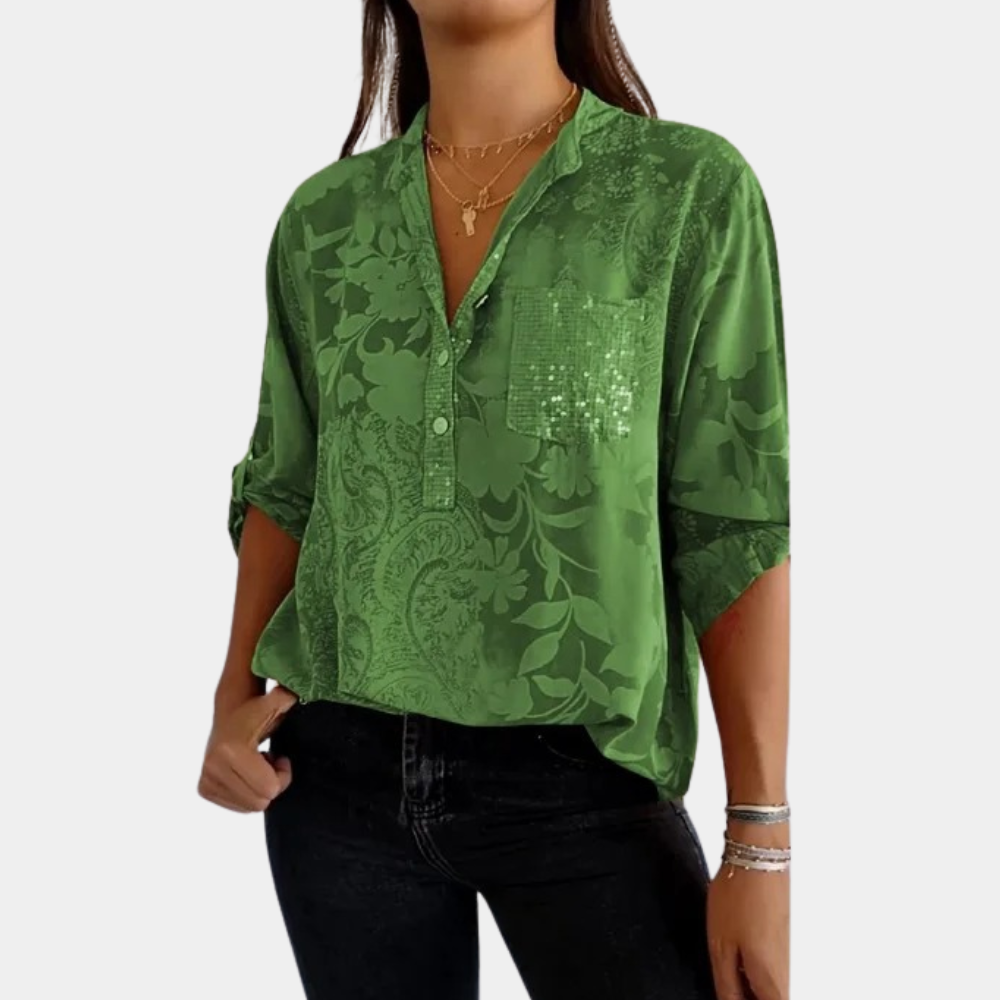 Niki | Women's Jacquard Button-Front Shirt with Adjustable Sleeves