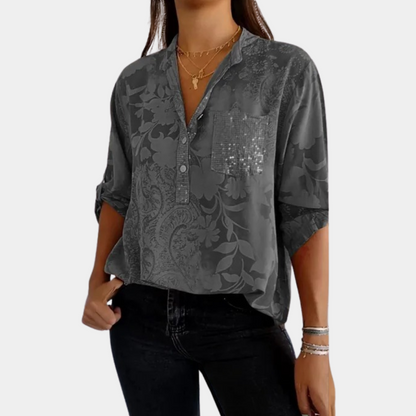 Niki | Women's Jacquard Button-Front Shirt with Adjustable Sleeves