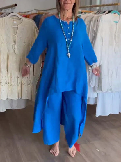 Women's Linen Asymmetrical Tunic and Pant Ensemble