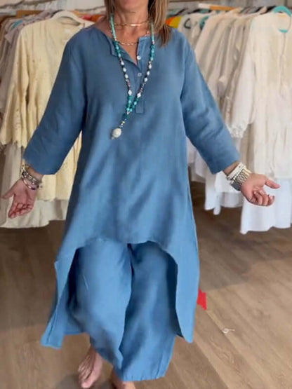 Women's Linen Asymmetrical Tunic and Pant Ensemble