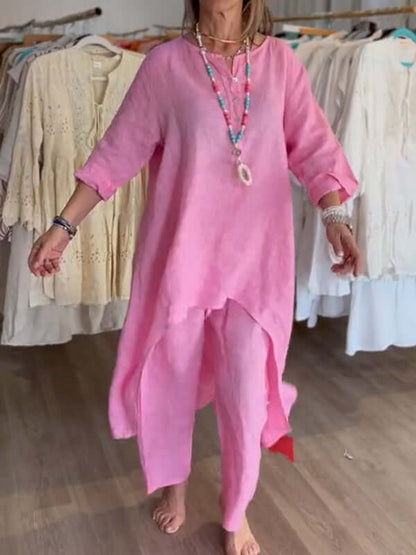 Women's Linen Asymmetrical Tunic and Pant Ensemble