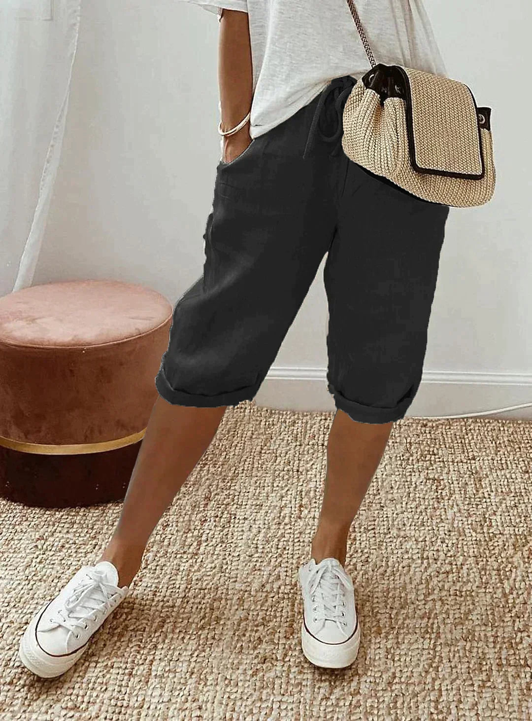Niki | Linen Culotte Pants with Drawstring Waist