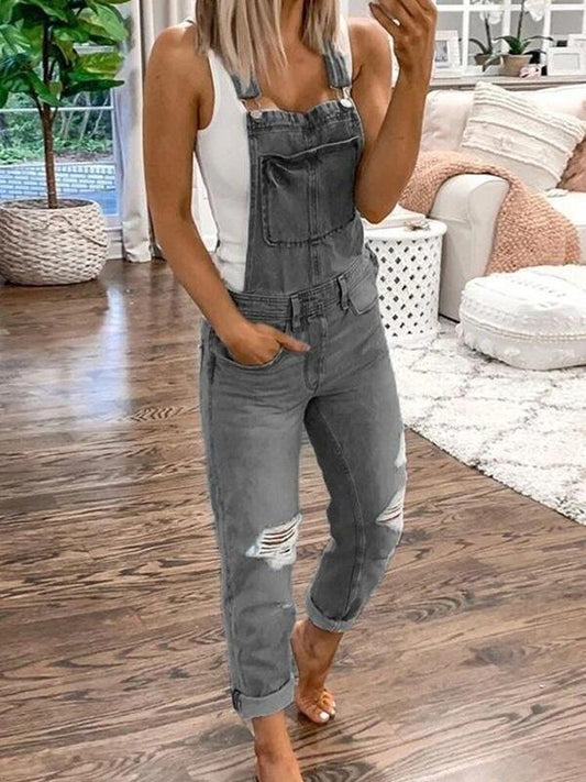 Womens Relaxed Fit Ripped Denim Overalls
