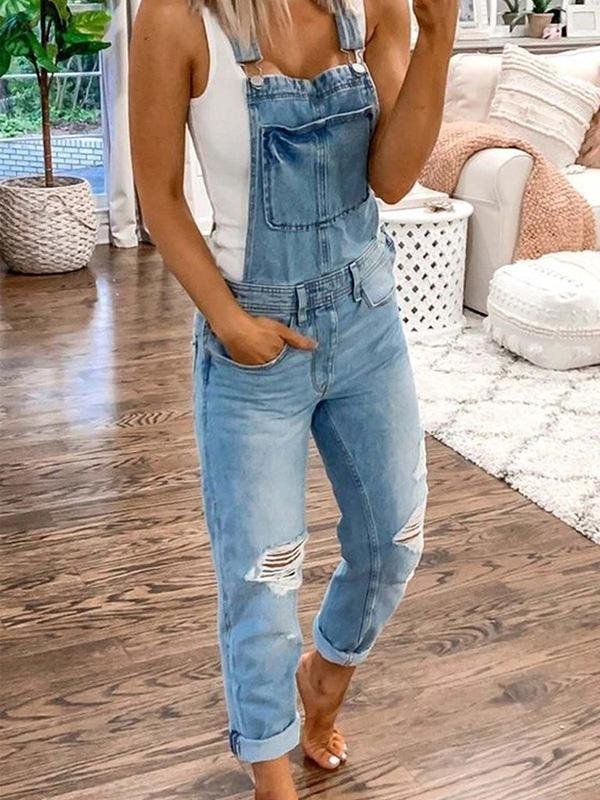 Womens Relaxed Fit Ripped Denim Overalls