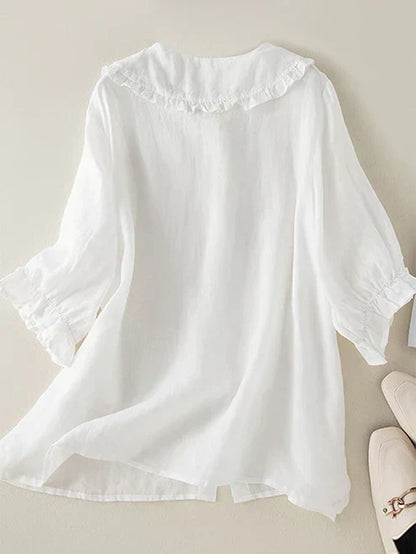 Women's Cotton-Linen Shirt with Ruffled Neckline