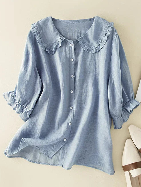 Women's Cotton-Linen Shirt with Ruffled Neckline