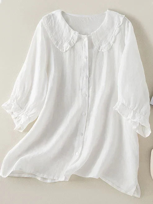 Women's Cotton-Linen Shirt with Ruffled Neckline