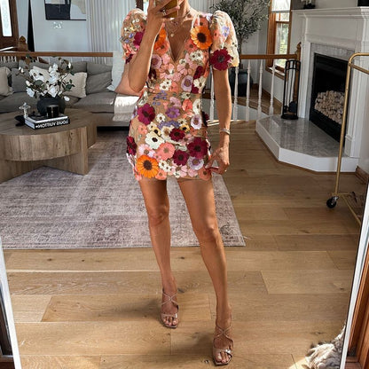 Women's Mini Dress with Floral Applique and Embroidery