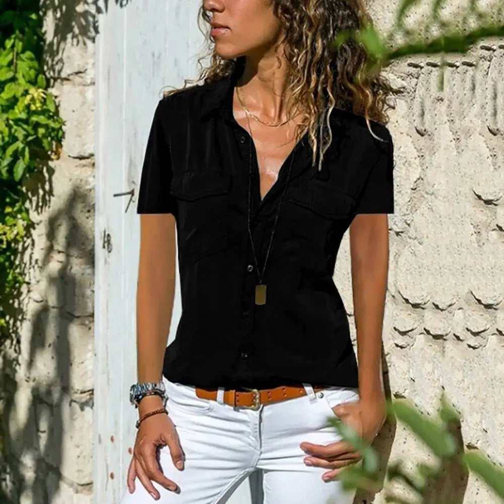 Women's Short Sleeve Button Shirt with Pockets