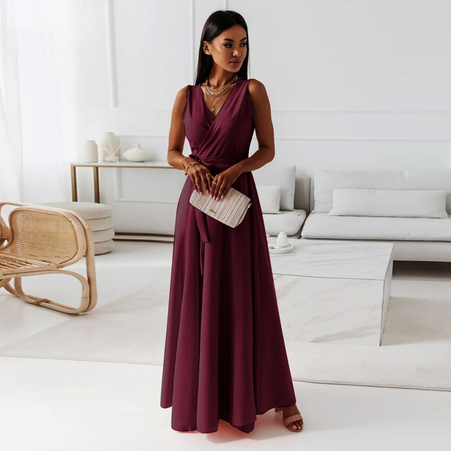 Women's Elegant V-Neck Maxi Wrap Dress