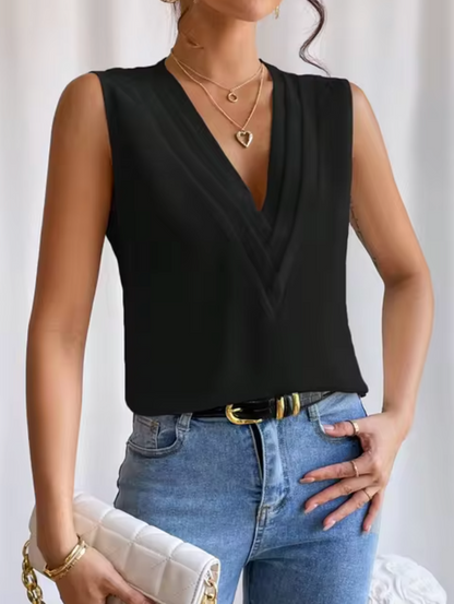 Women's Elegant Sleeveless Pleated V-Neck Top