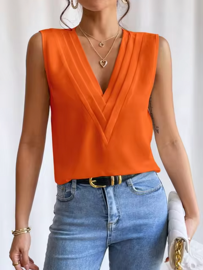 Women's Elegant Sleeveless Pleated V-Neck Top