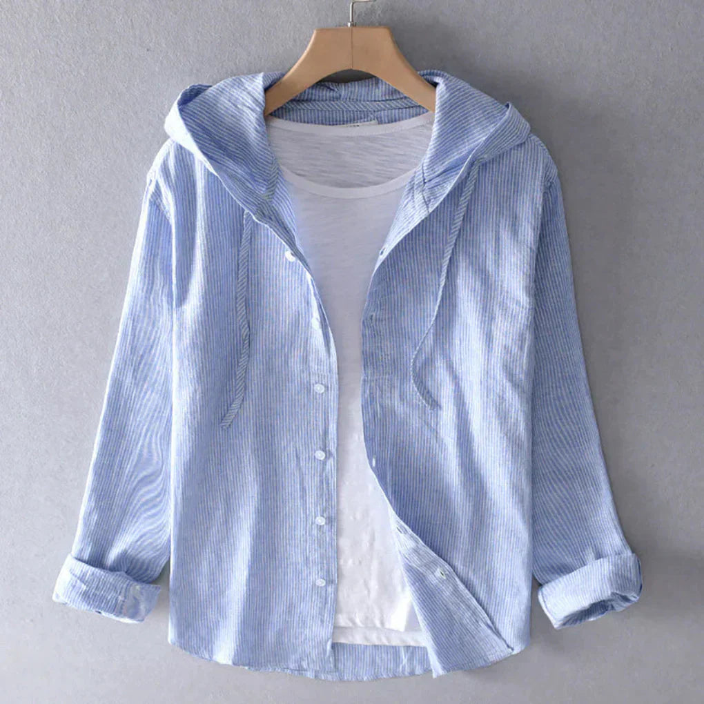 Niki | Breezy Striped Linen Blend Hooded Blouse