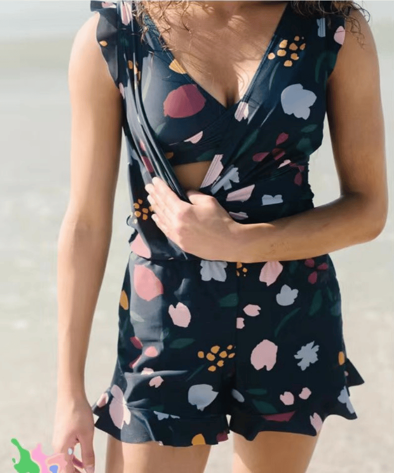 Ruffled Wrap Front One-Piece Swim Romper