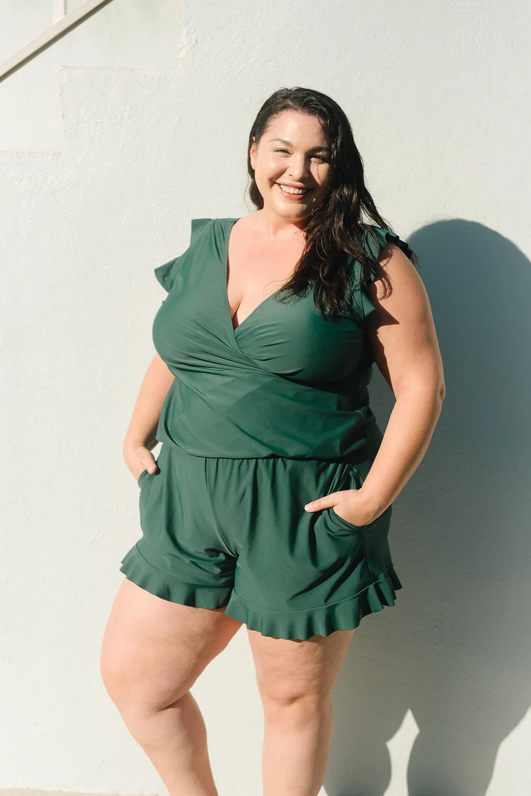 Ruffled Wrap Front One-Piece Swim Romper