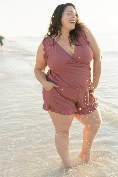 Ruffled Wrap Front One-Piece Swim Romper