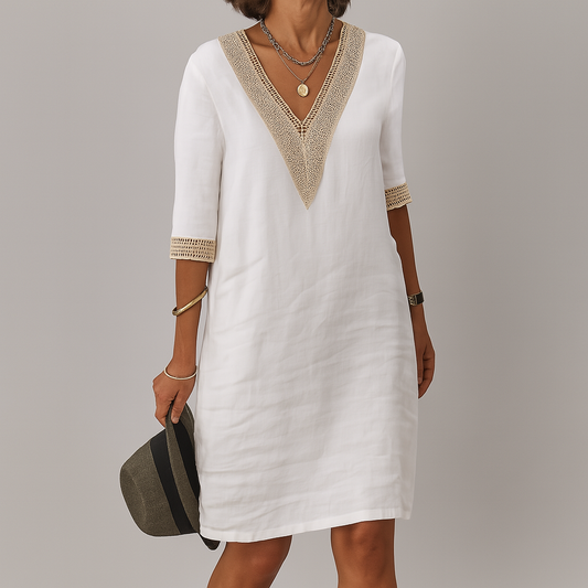Niki | Crochet Trim Linen Midi Dress