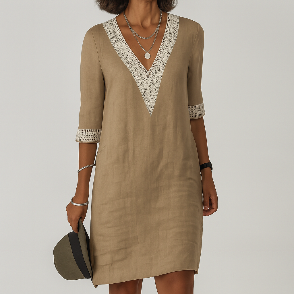Niki | Crochet Trim Linen Midi Dress