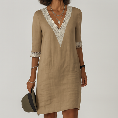 Niki | Crochet Trim Linen Midi Dress