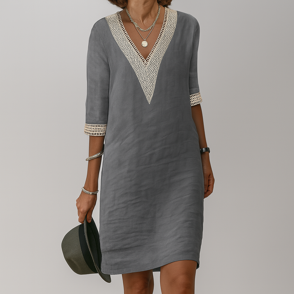 Niki | Crochet Trim Linen Midi Dress