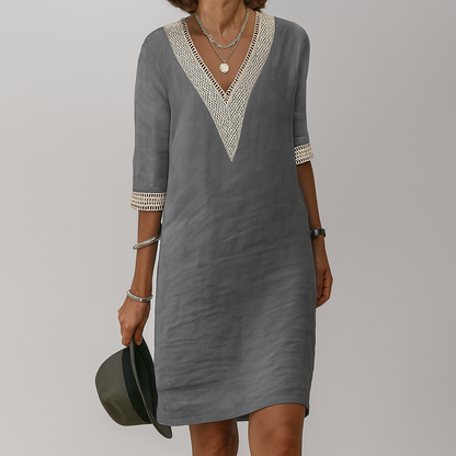 Niki | Crochet Trim Linen Midi Dress