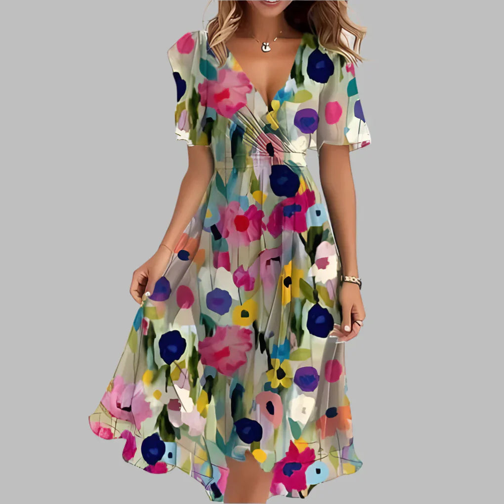 Niki | Women's V-Neck Midi Dress with Floral Print