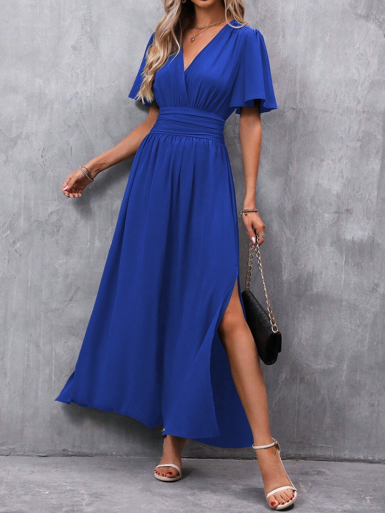 Niki | Women's Flowy V-Neck Flutter Sleeve Maxi Dress