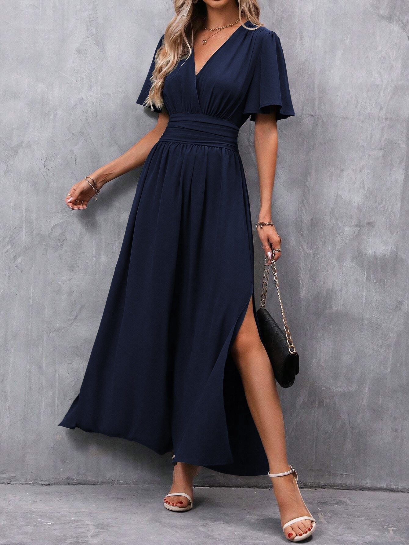 Niki | Women's Flowy V-Neck Flutter Sleeve Maxi Dress