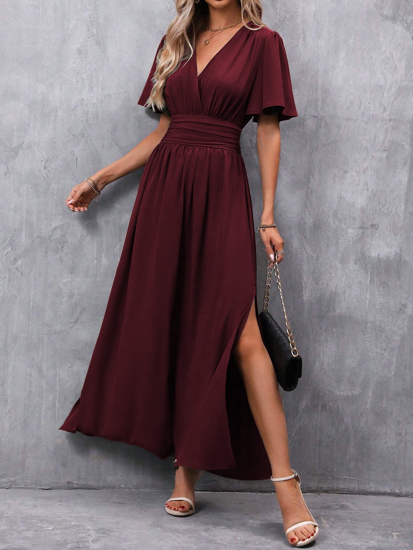 Niki | Women's Flowy V-Neck Flutter Sleeve Maxi Dress