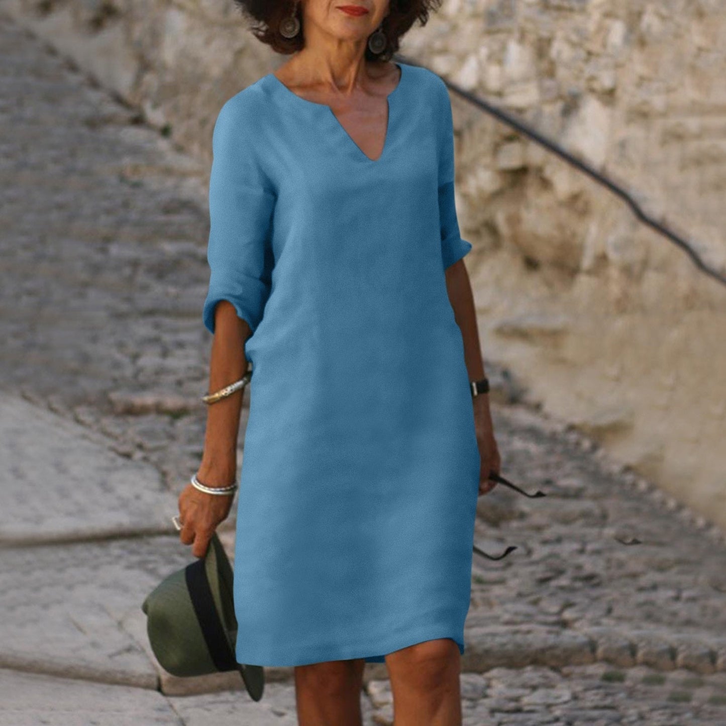 Niki | Women's Linen Blend V-Neck Midi Dress