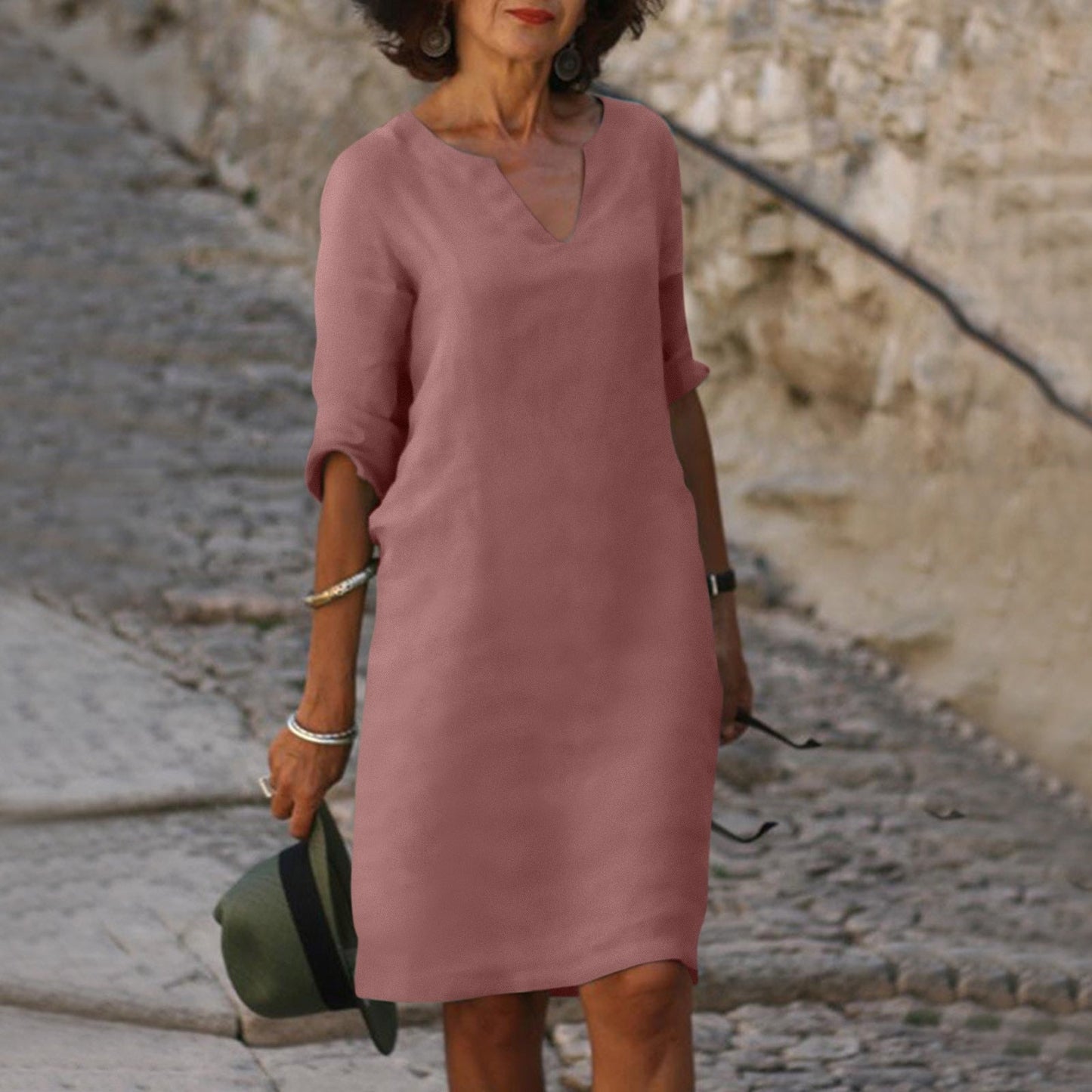 Niki | Women's Linen Blend V-Neck Midi Dress