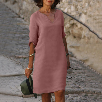 Niki | Women's Linen Blend V-Neck Midi Dress