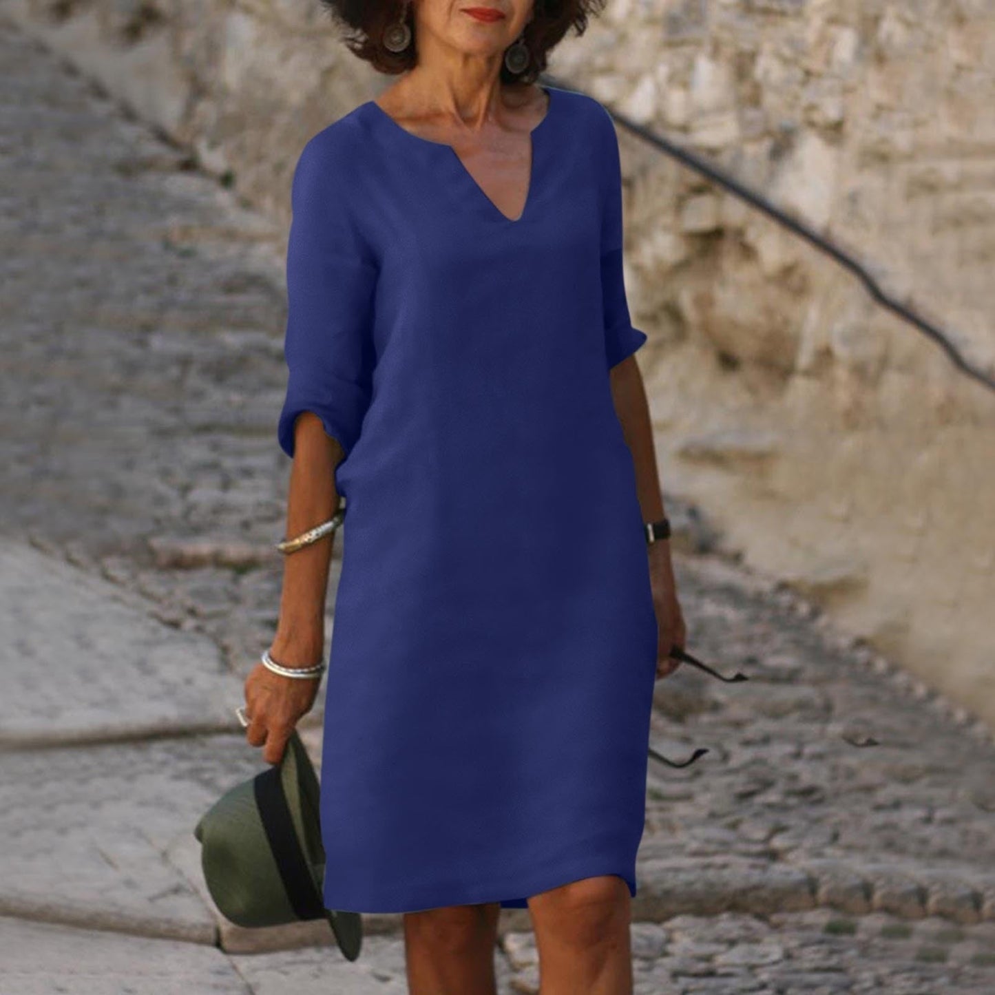 Niki | Women's Linen Blend V-Neck Midi Dress