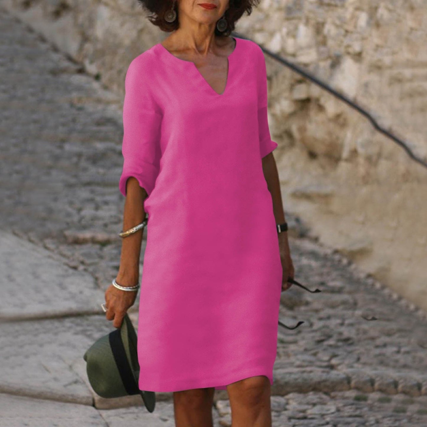 Niki | Women's Linen Blend V-Neck Midi Dress