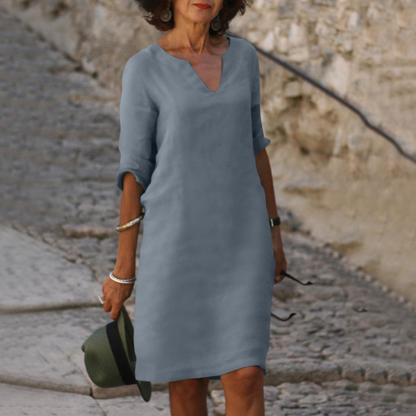 Niki | Women's Linen Blend V-Neck Midi Dress